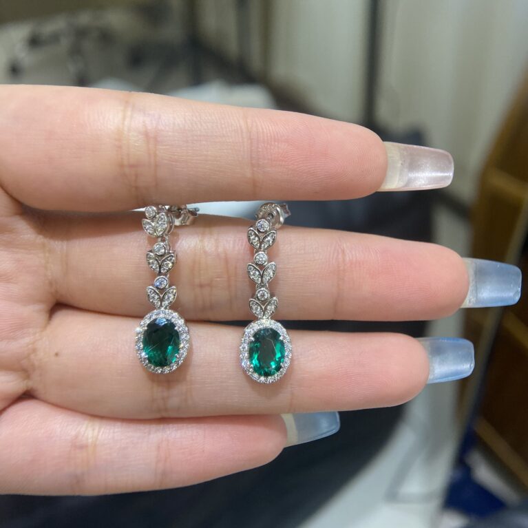 Cultured Oval Emerald with Moissanite Diamonds Long Earrings