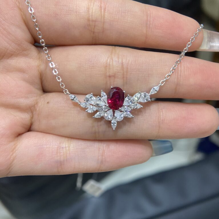 Cultured Oval Ruby with Moissanite Diamonds Irregular Shape Necklace